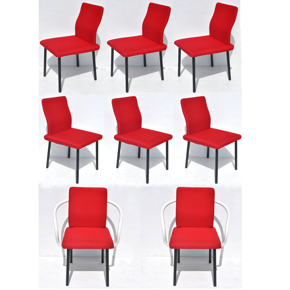 Red Set of Eight Mandarin Chairs by Ettore Sottsass. Vibrant colors, playful shapes. Molded plywood seats, lacquered wood frames. Comfortable, stylish dining chairs. Collectible Knoll design.