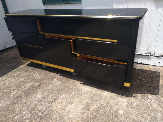 Lane Furniture Black Lacquer and Brass 9 Drawer Dresser