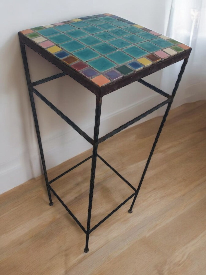 Wrought iron pedestal stand with mosaic tile top