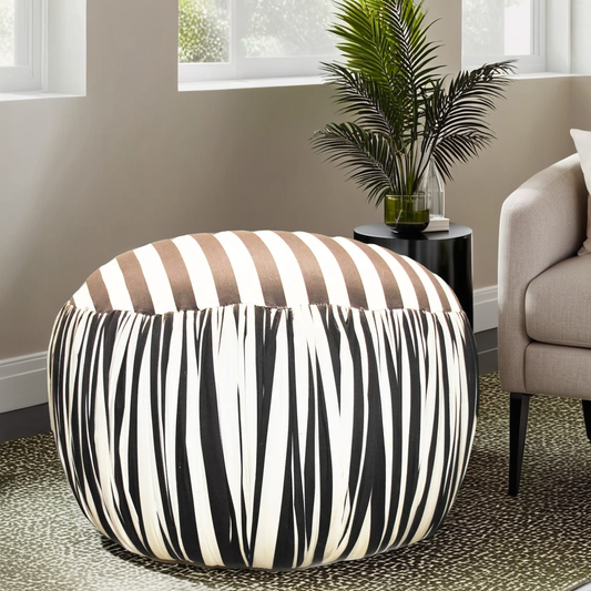Contemporary Round Black And White Pouf Ottoman