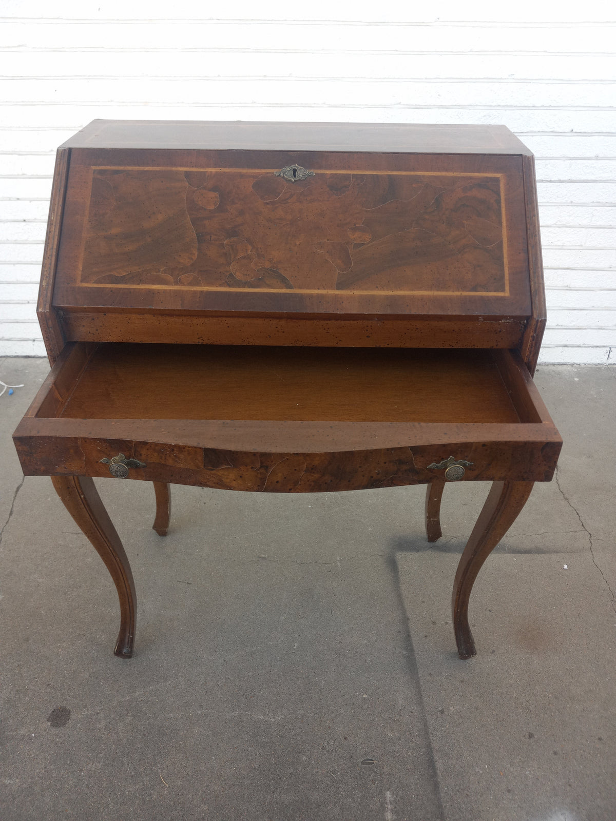 French Provincial Burl Walnut w/ Inlay Drop Front Desk