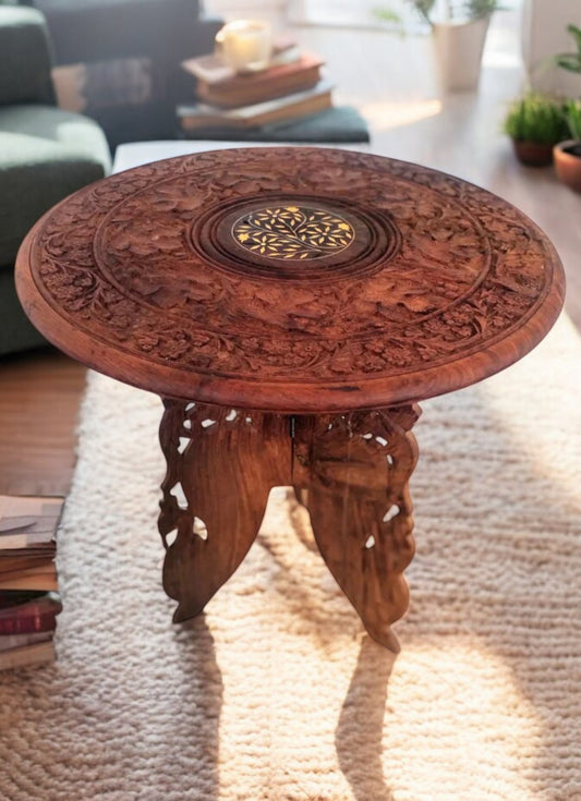 Carved Moroccan brass inlaid side table with intricate design