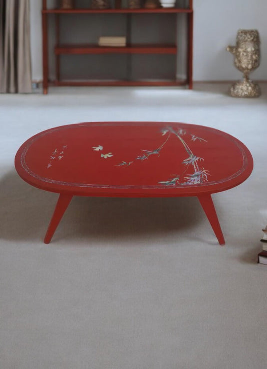 Chinese folding leg red lacquer coffee table with pearl inlay