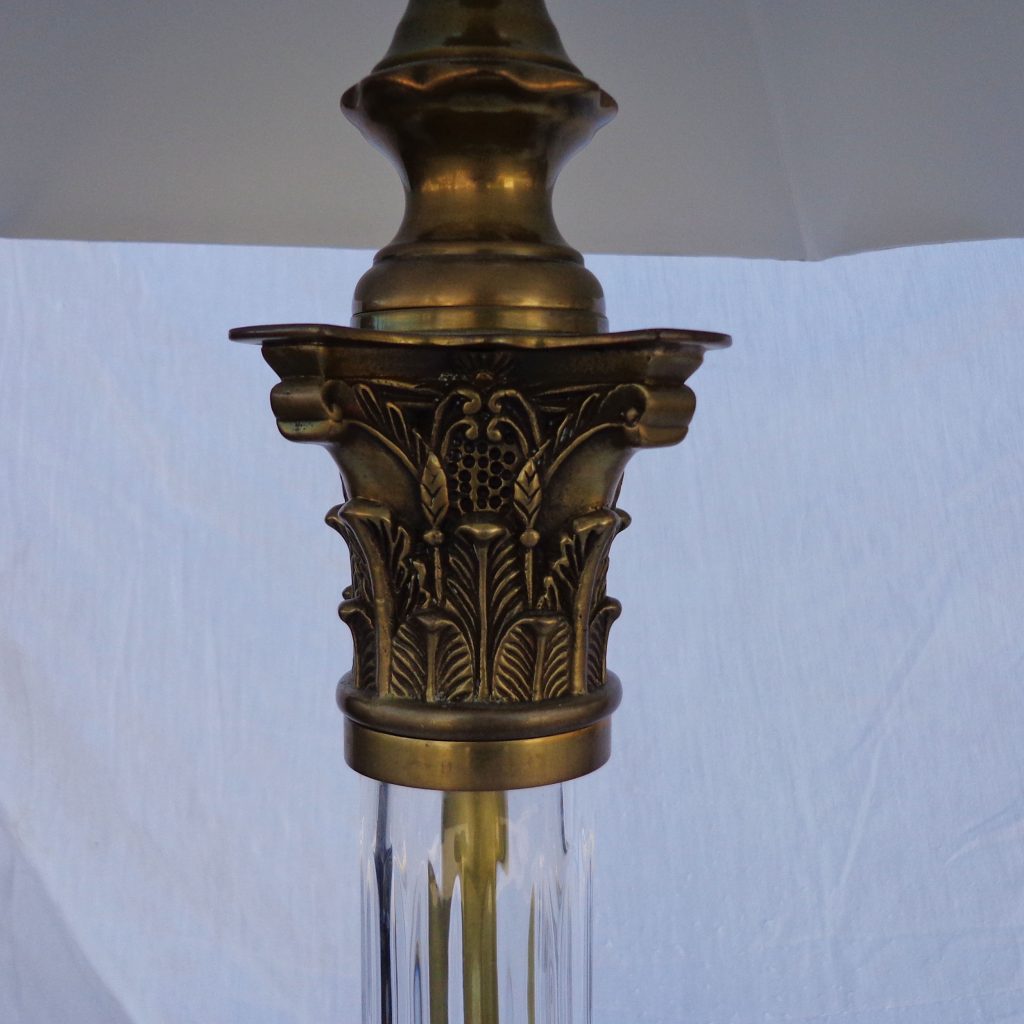 Brass base crystal table lamp set with pleated shades