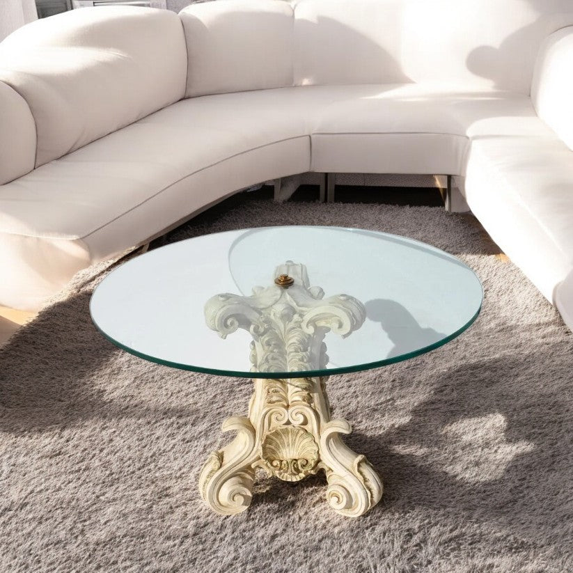 32″ Mid Century Coffee Table with Carved Ornate Base and Glass Top