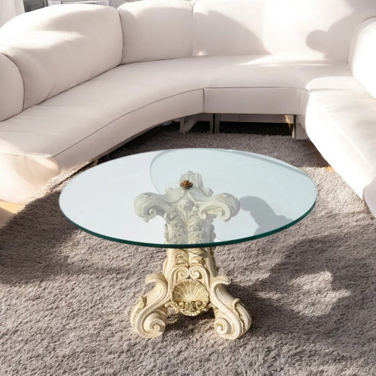 32″ Mid Century Coffee Table with Carved Ornate Base and Glass Top