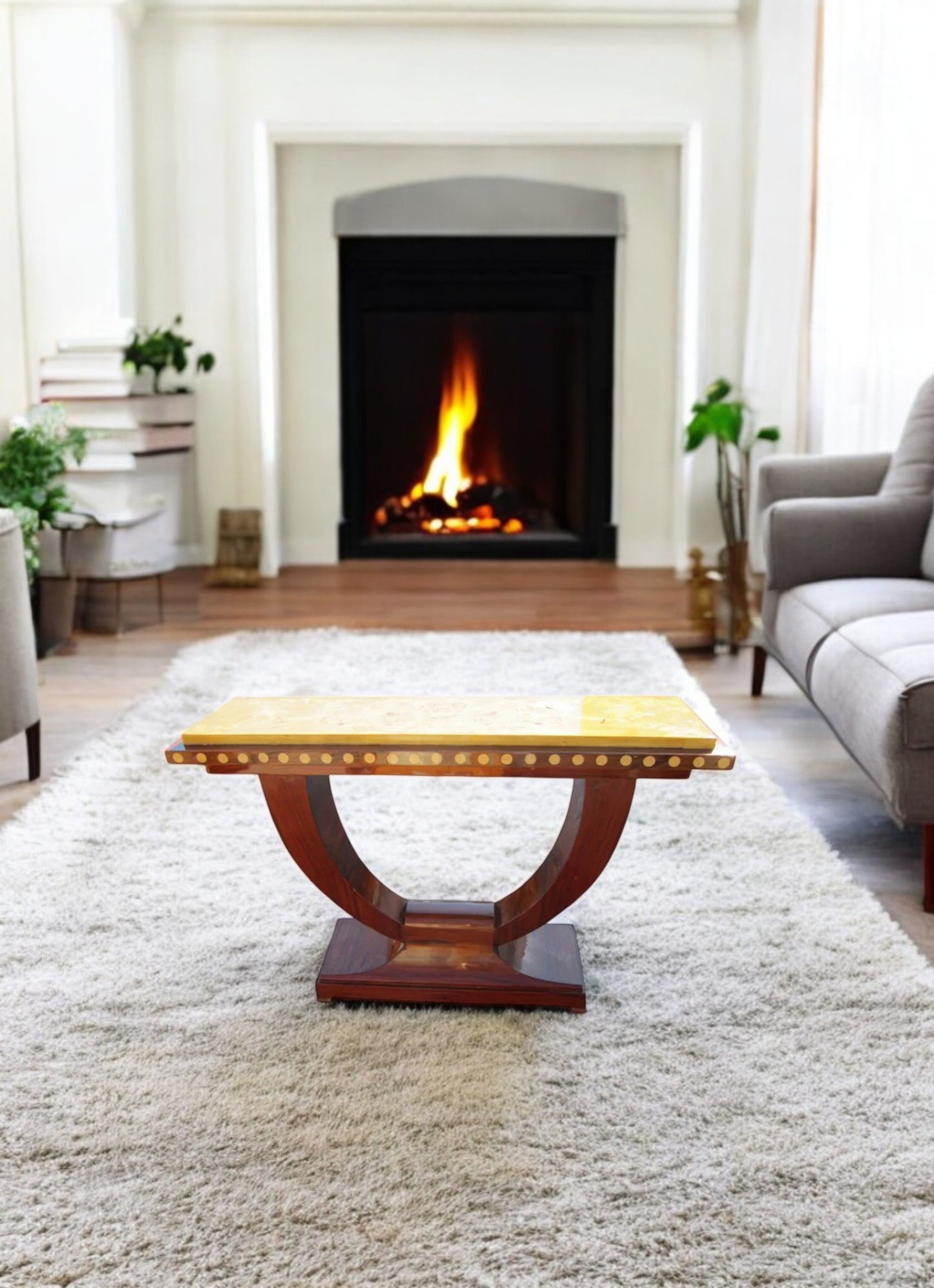 34-inch Art Deco maple burl console table with marble top