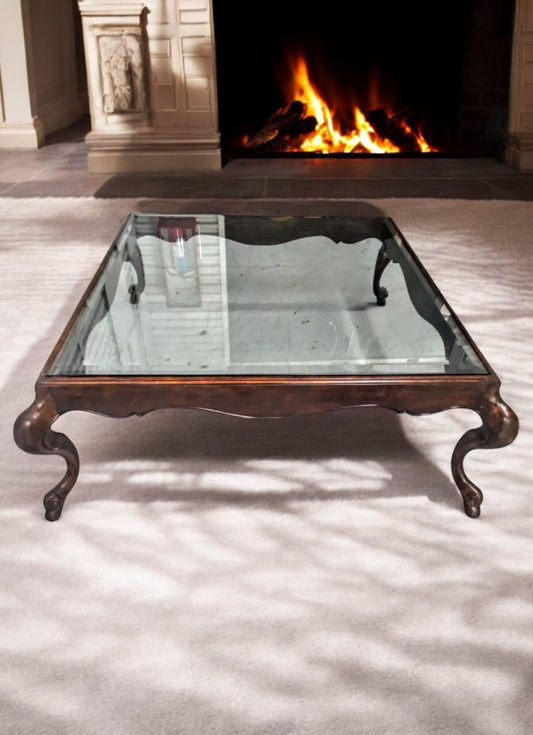 Italian walnut swan leg coffee table with glass top