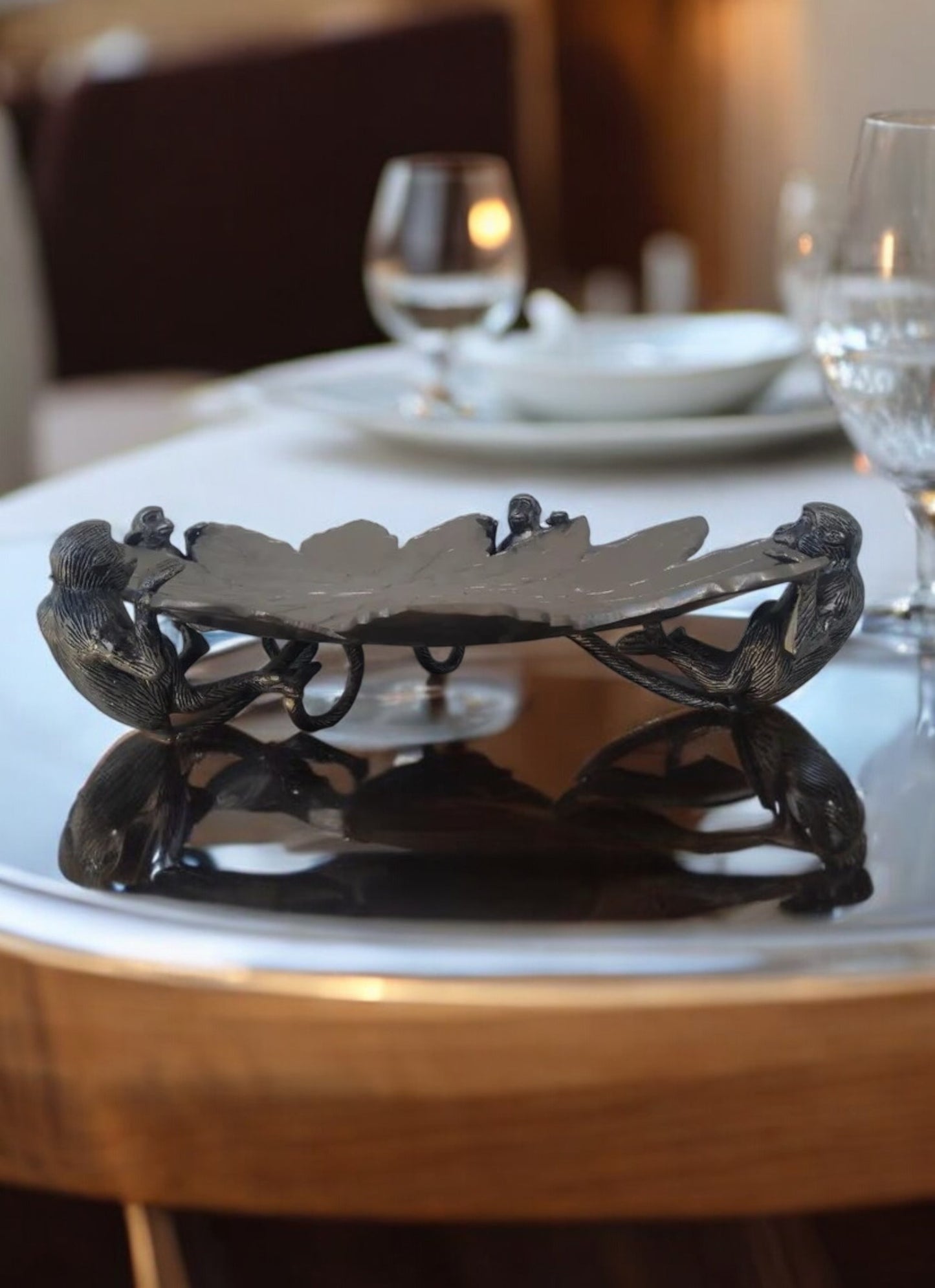 Large Silver Tone Sculpted Monkey Serving Tray