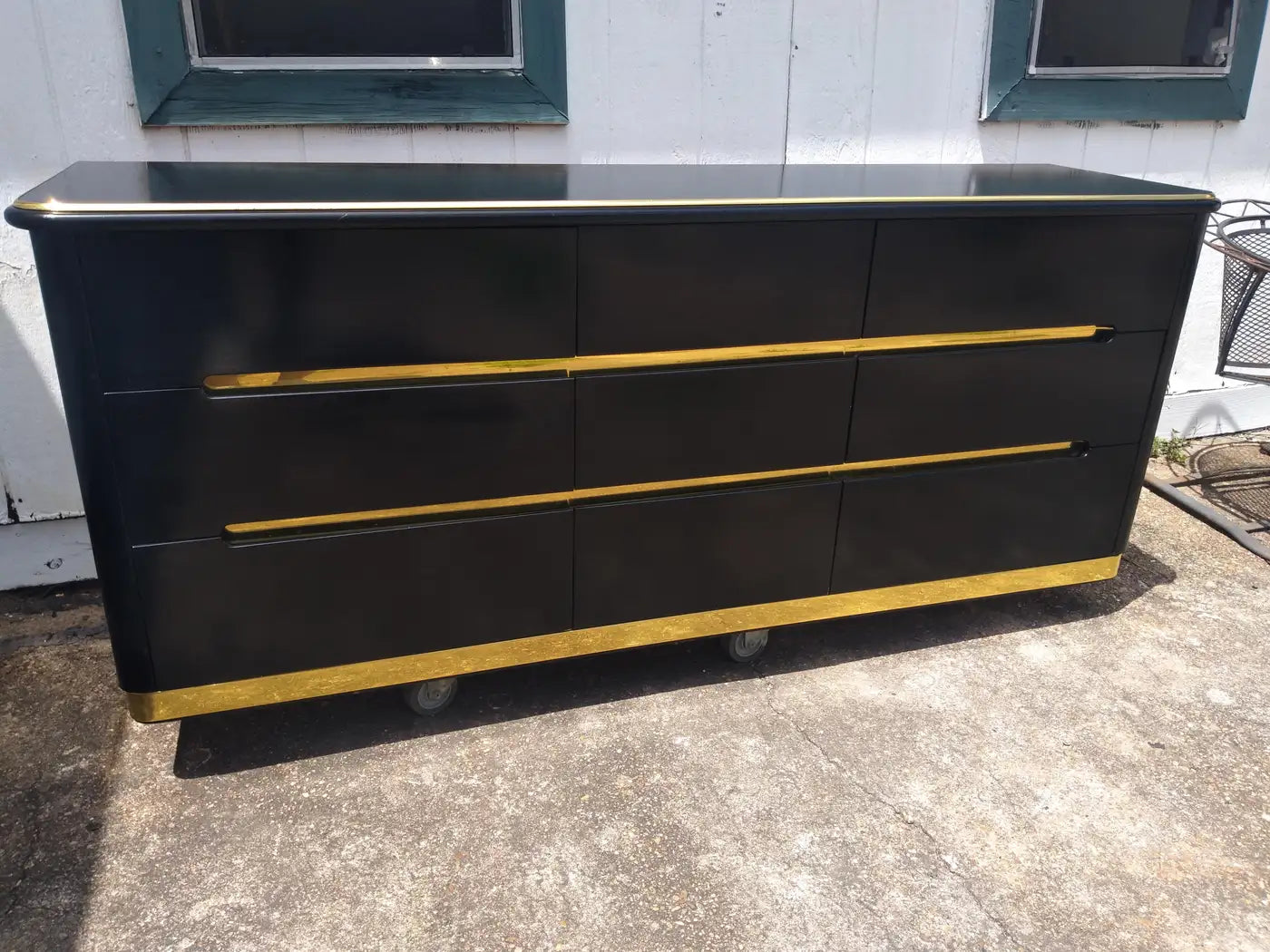 Pair of Lane Furniture Black Lacquer and Brass Nightstands