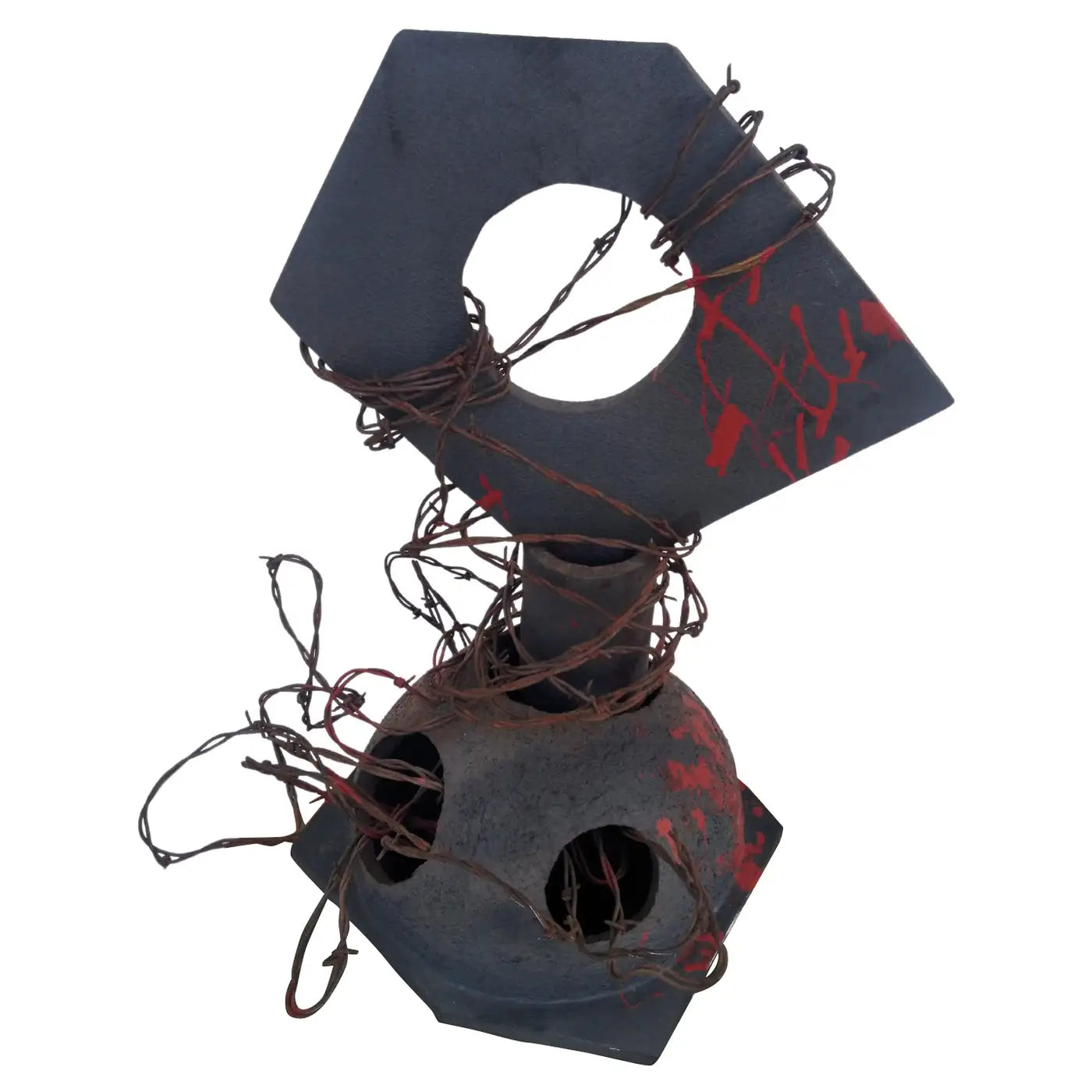 Bruny Graves abstract Raku sculpture with barbed wire
