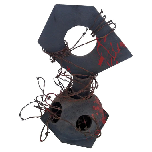 Bruny Graves abstract Raku sculpture with barbed wire