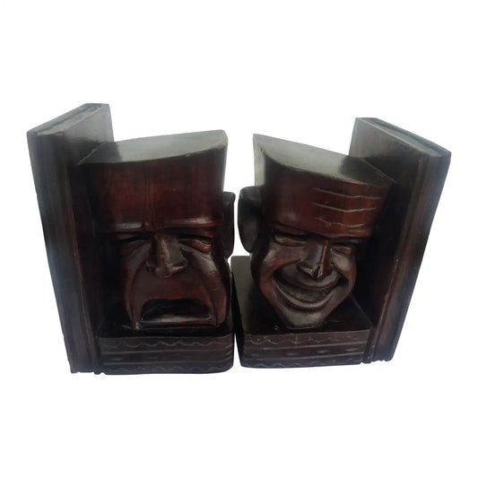 Pair of Carved Wooden Comedy and Tragedy Bookends