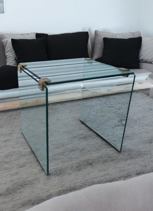 Pace Collection style glass table with brass accents