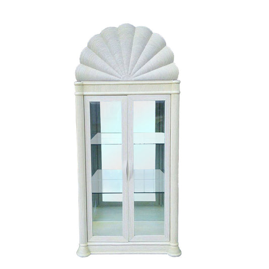 Large vintage 1980s glass display cabinet with clear shelves and retro design