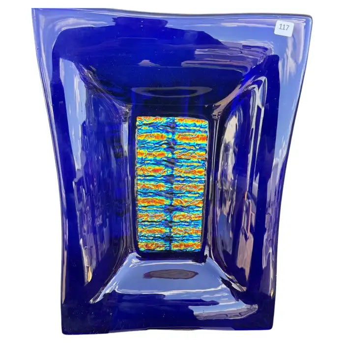 Handcrafted abstract studio art glass sculpture by Ed Risenberg in periwinkle blue