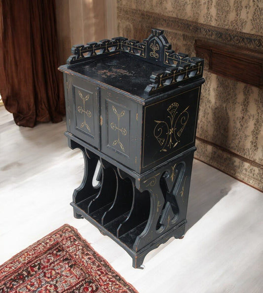 Aesthetic Movement Victorian music cabinet with ornate detailing from Metro Retro Furniture