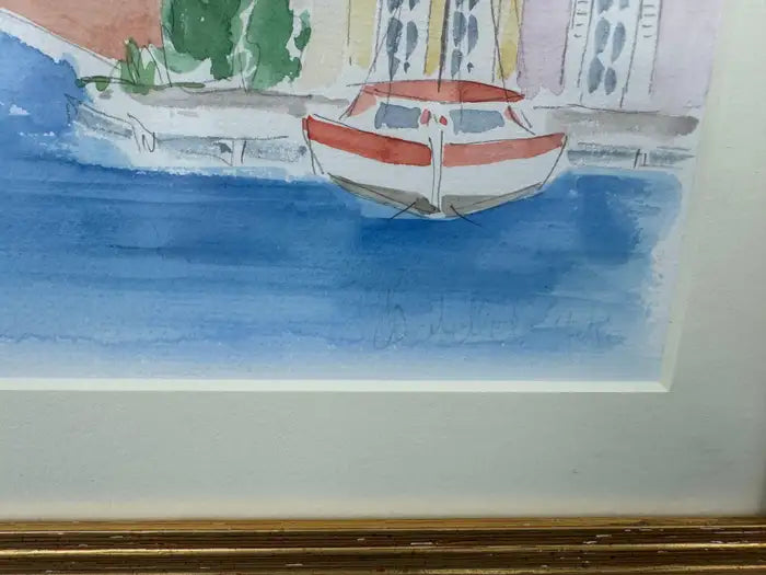 American school watercolor coastal scene with boats