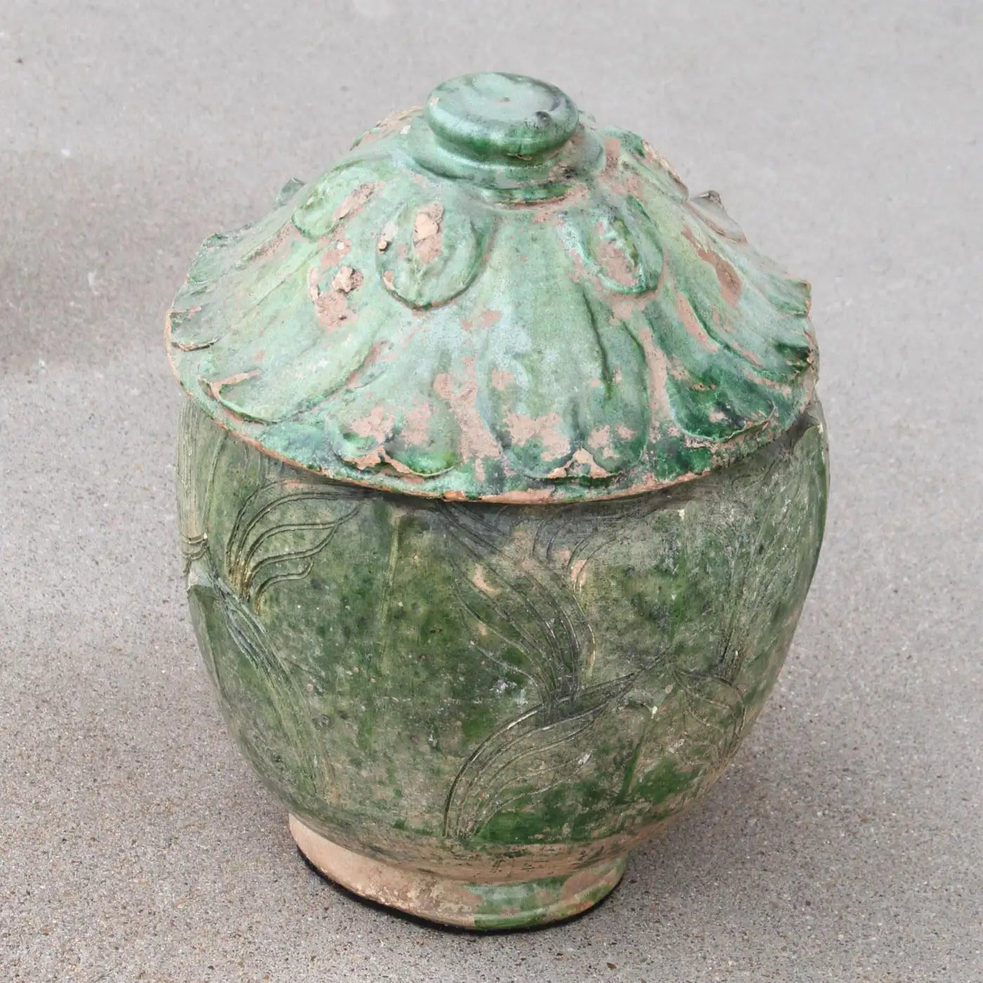 Antique Yuan Dynasty green celadon lidded jar
