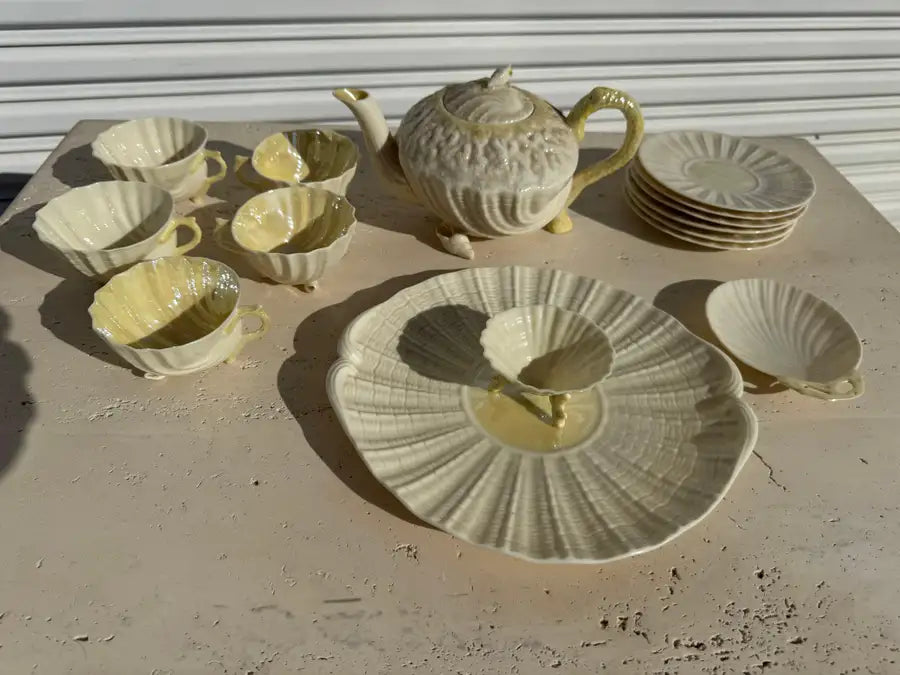 Antique Belleek style tea set with sculpted ivory porcelain finish