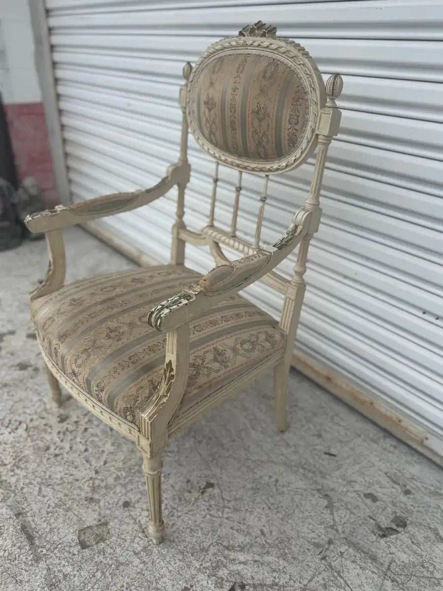 Vintage Louis XVI bergere chair carved wood frame upholstery