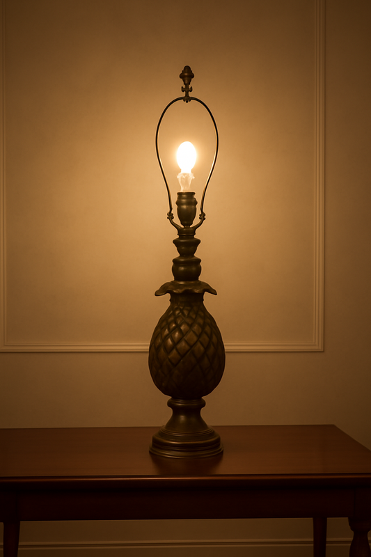 Tall vintage pineapple lamp in ornate gold finish, perfect for classic or tropical decor.
