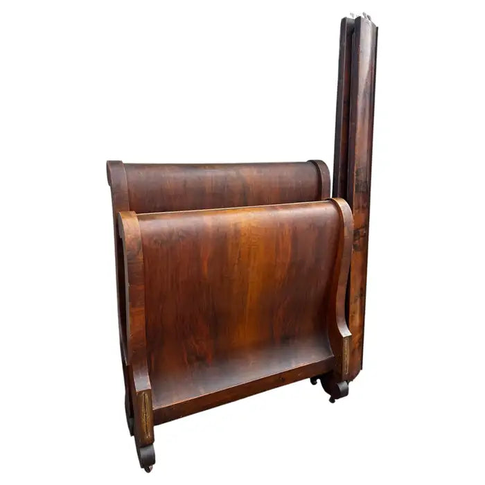 Empire Revival burl walnut twin sleigh bed