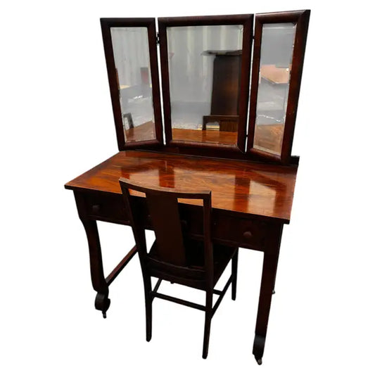 Antique burl walnut vanity with tri-fold mirror