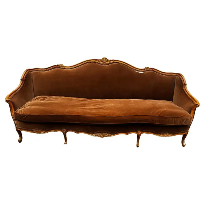 Vintage Louis XV carved wood sofa with French scroll arms