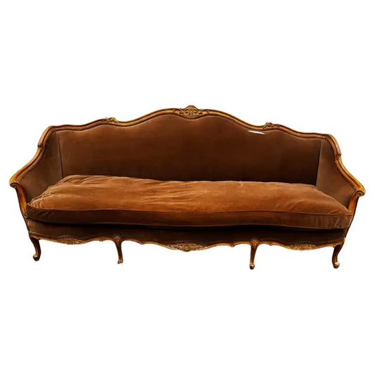 Vintage Louis XV carved wood sofa with French scroll arms