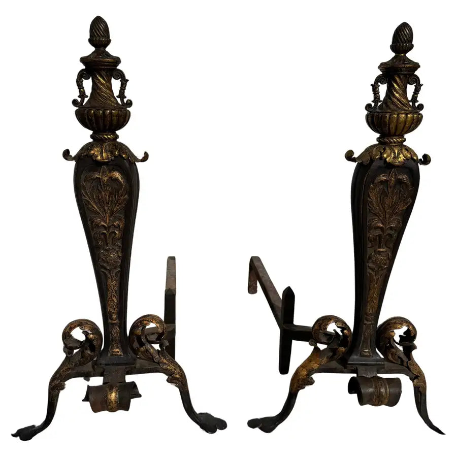 antique wrought iron fireplace andirons with gilt finish