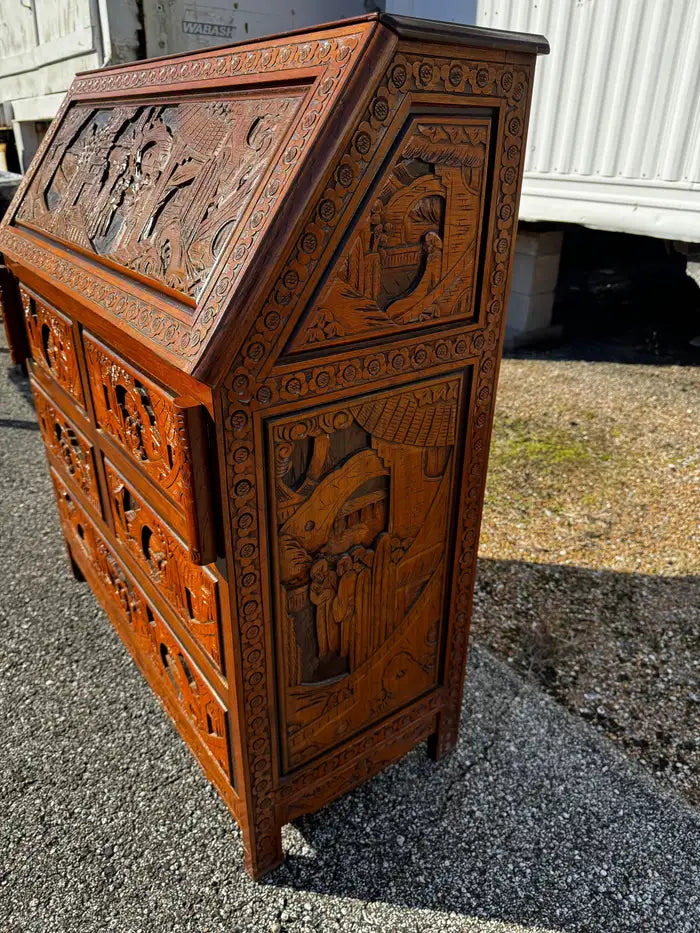Hand carved Asian writing desk with fold down front