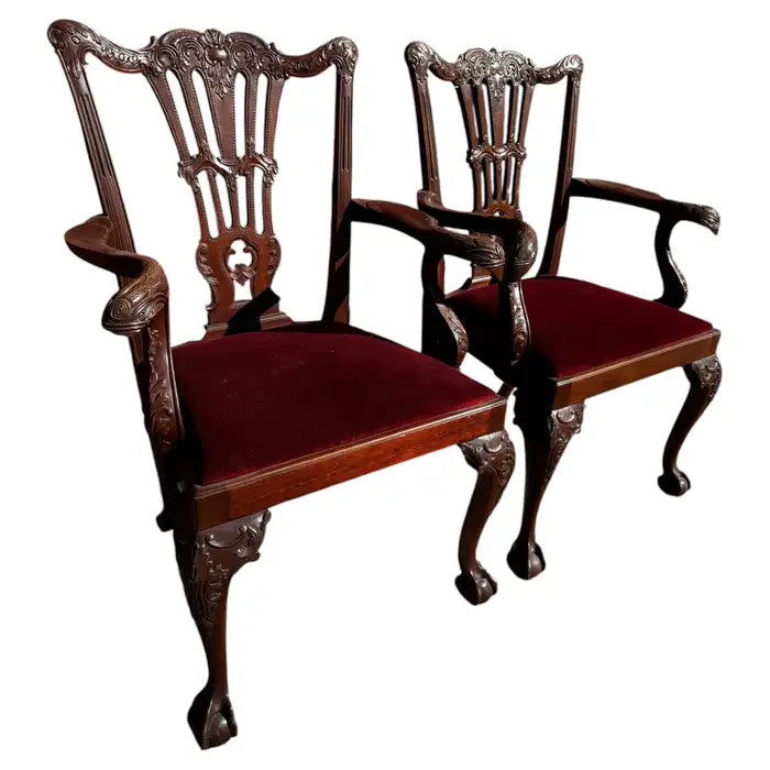 Antique mahogany Chippendale carved armchairs pair