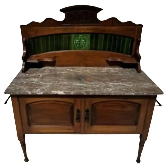 Antique wood sideboard with marble top and carved detailing
