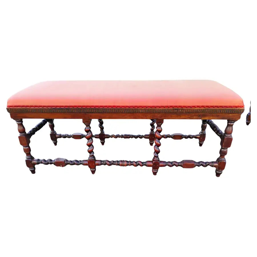 antique oak bench with barley twist legs and carved frame