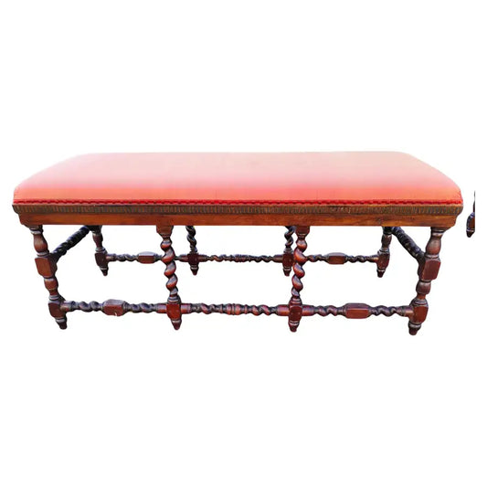 antique oak bench with barley twist legs and carved frame