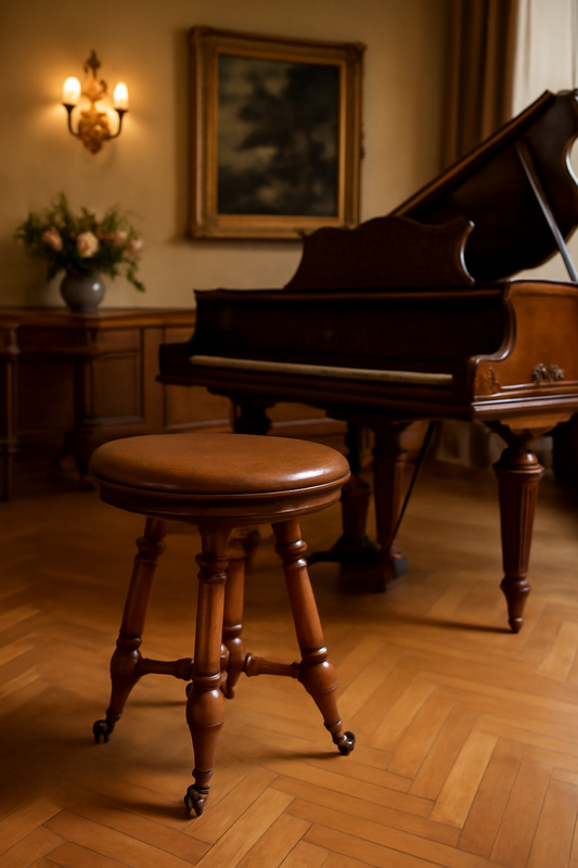 Antique adjustable oak piano stool with claw and ball feet on vintage concrete floor.