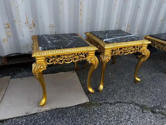 Elegant marble end tables curved legs carved wood detailing