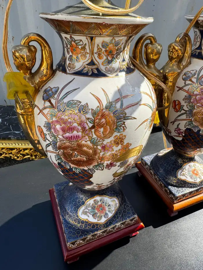 Decorative porcelain table lamps with wood stands vintage lighting