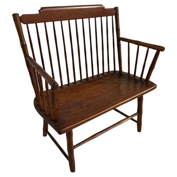 Antique pine Windsor style bench with spindle back and arms