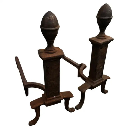 Pair of antique wrought iron fireplace andirons with acorn finials