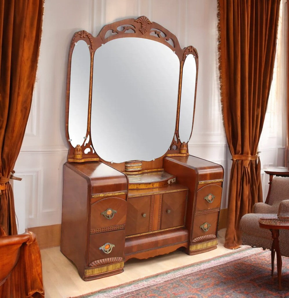 Art Deco antique waterfall dresser with carved triple mirror