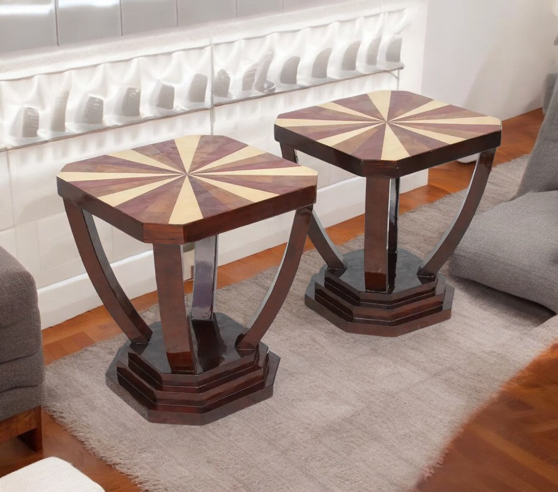 Pair of art deco style tables with geometric inlay tops