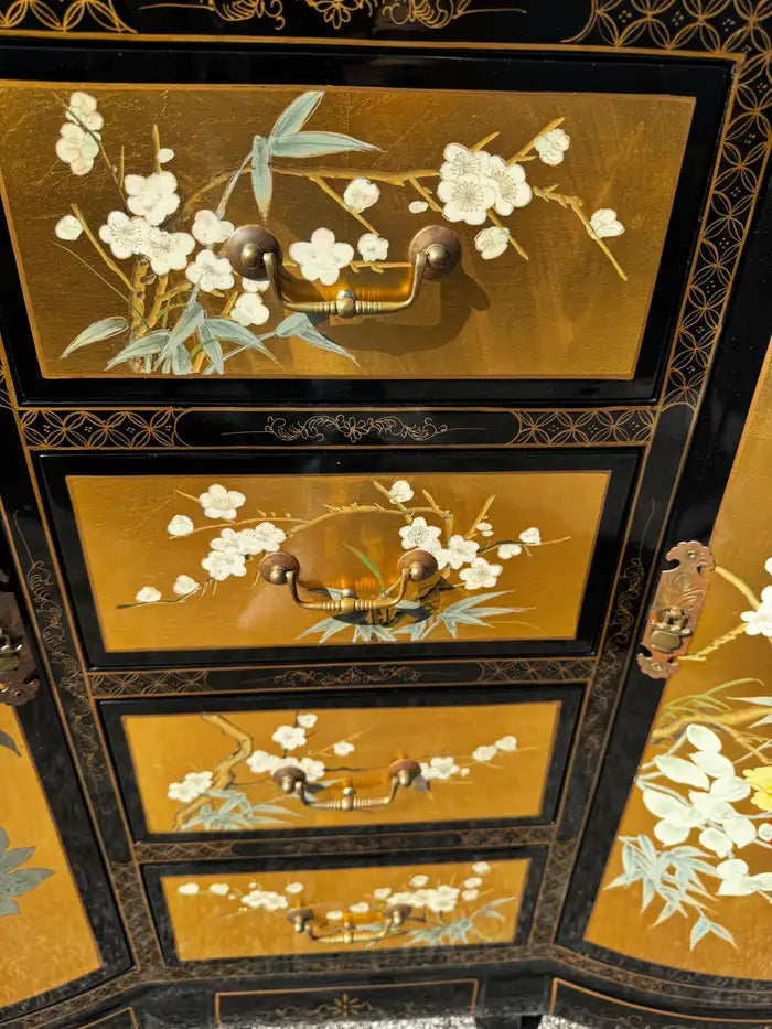 Vintage buffet cabinet glossy black lacquer ornate gold detailing