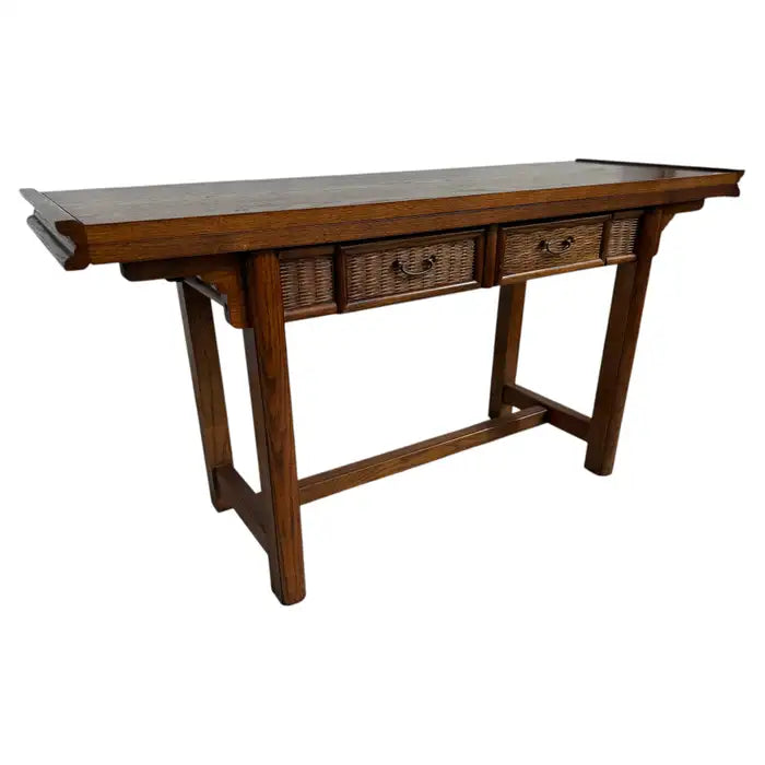 Asian inspired oak flip top desk with rattan drawer fronts