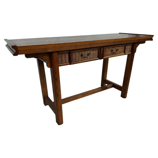 Asian inspired oak flip top desk with rattan drawer fronts