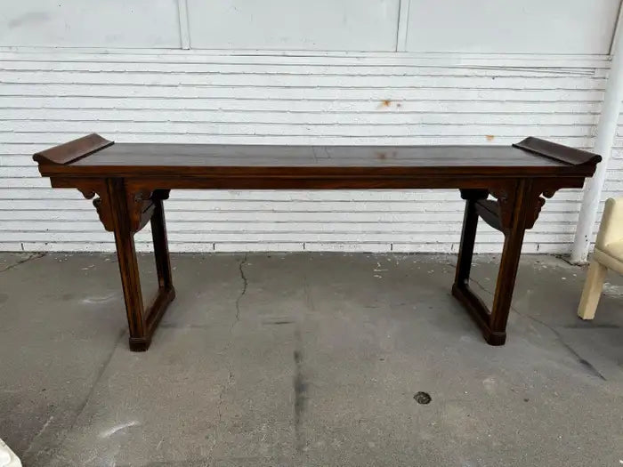 vintage walnut console table chinoiserie carved detail