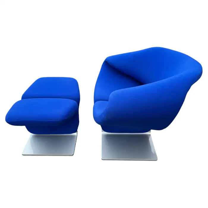 Sculptural cantilever accent chairs with ottomans