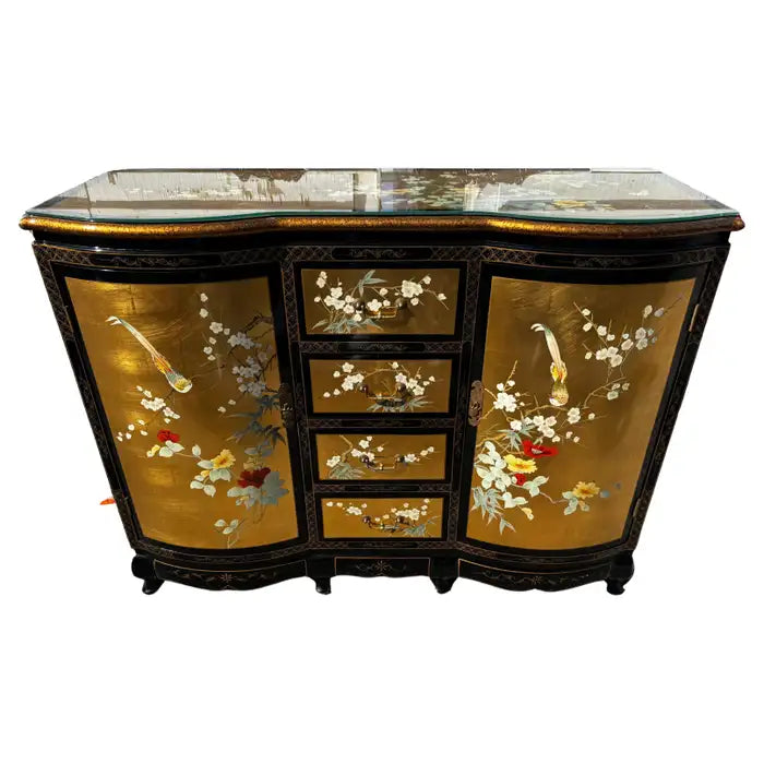Black lacquer buffet cabinet with gold painted chinoiserie design