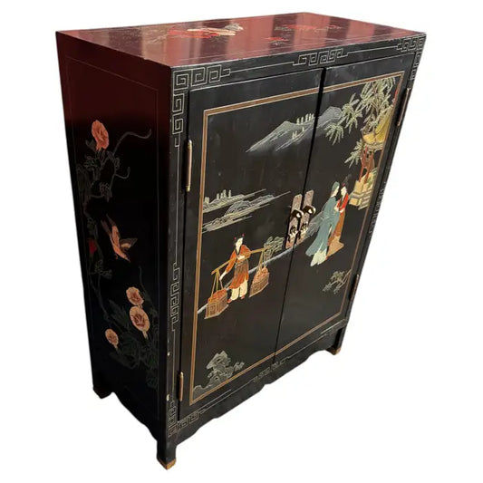 Vintage black lacquer chinoiserie cabinet with Greek key trim